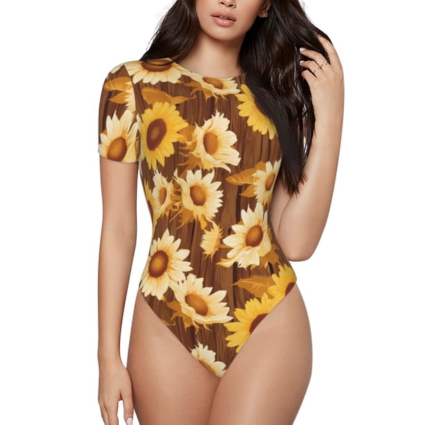 Balery Vintage Wood Grain Sunflower B Body de cuello redondo de manga corta para mujer Tops de manga corta Tops básicos-X-Large