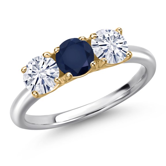 Gem Stone King 10K Two Tone Gold Blue Sapphire and White Moissanite Engagement Ring for Women | 1.60 Cttw | Round 5MM | Gemstone September Birthstone | Size 7