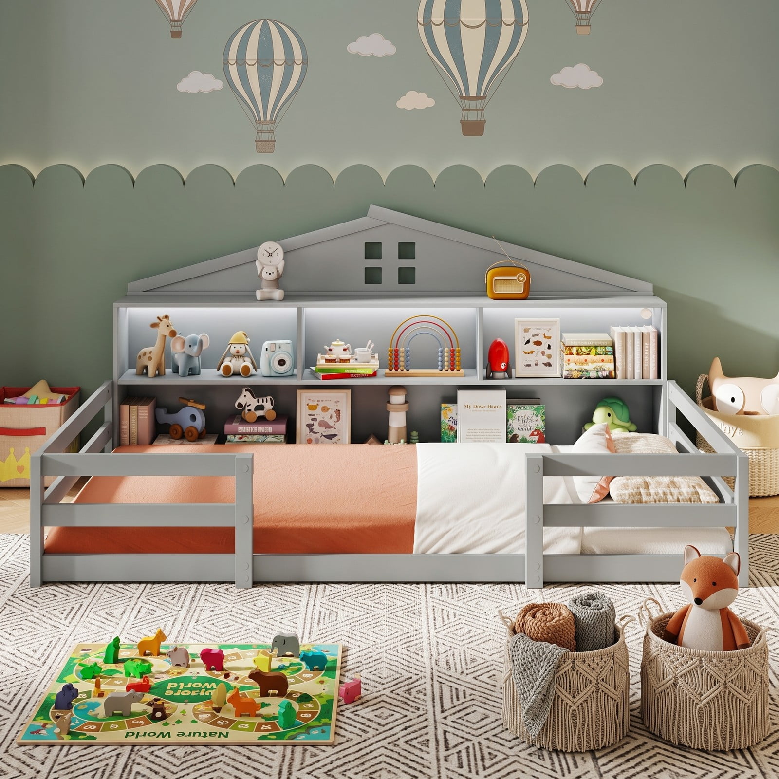 Furnibear Twin Bed Frame Montessori Floor Bed with House Headboard and Storage Shelf, Kids Room Floor Bed Frame with Headboard, Gray