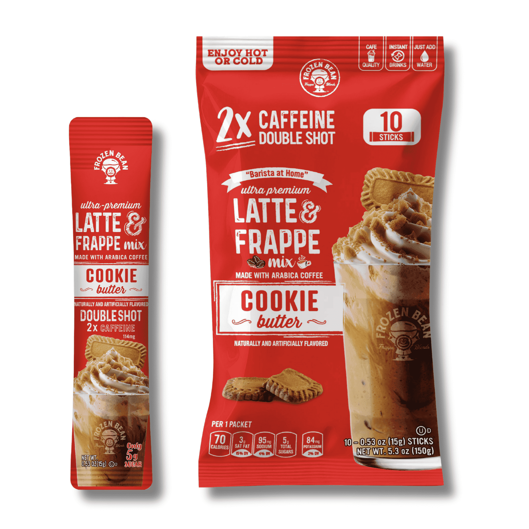 The Frozen Bean Cookie Butter Frappe & Latte Instant Mix (10 Sticks), Made with Arabica Coffee, Double Shot Caffeine, Low Sugar & Premium Ingredients, Hot, Iced, or Blended Drinks