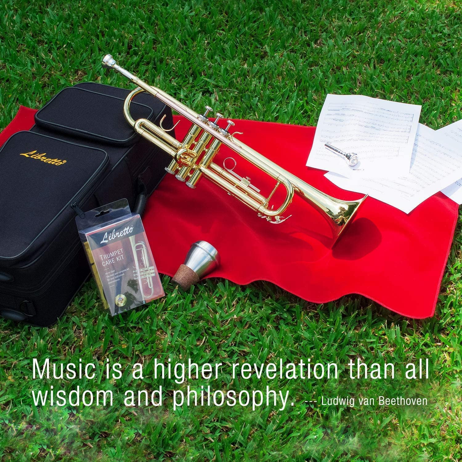 Libretto Gold Lacquer Bb Trumpet Set, Rose Brass Leadpipe, for Beginner and Intermediate, Trumpet Cleaning Kit Included
