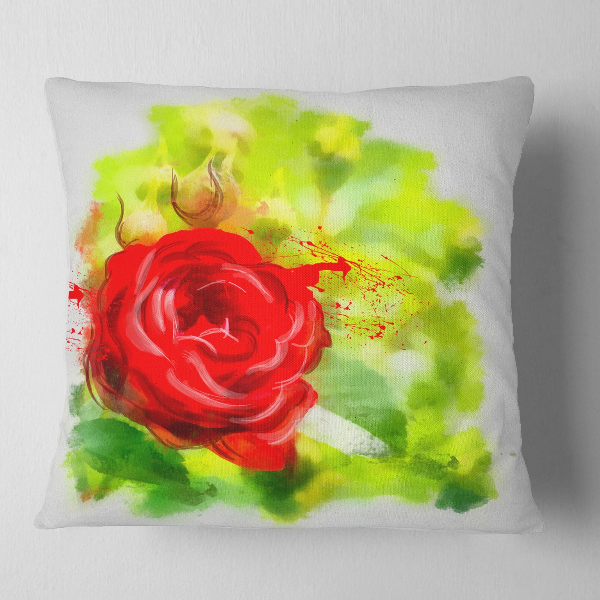 Designart Bright Red Rose on Light Green - Floral Throw Pillow - 18x18