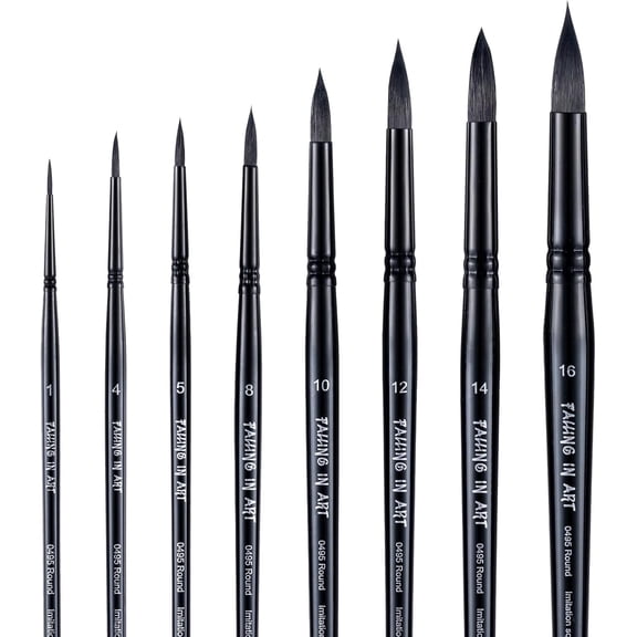 8 Pcs Professional Watercolor Brush Set – Round Pointed Squirrel Hair Paint Brushes with Wooden Handles for Artists, Black