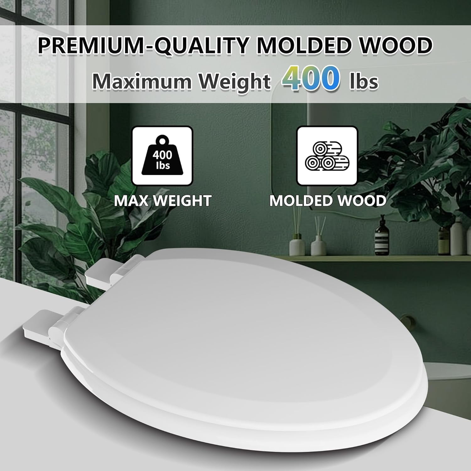 Elongated Toilet Seat  Quiet-Close Molded Wood Toilet Seat with Non-Slip Adjustable Hinges, Anti-Pinch Bumpers, Easy Install & Clean（White, Elongated 18.5''）