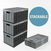 CleverMade Collapsible Storage Bin 62L Stackable With Lid, Stone 3 Pack