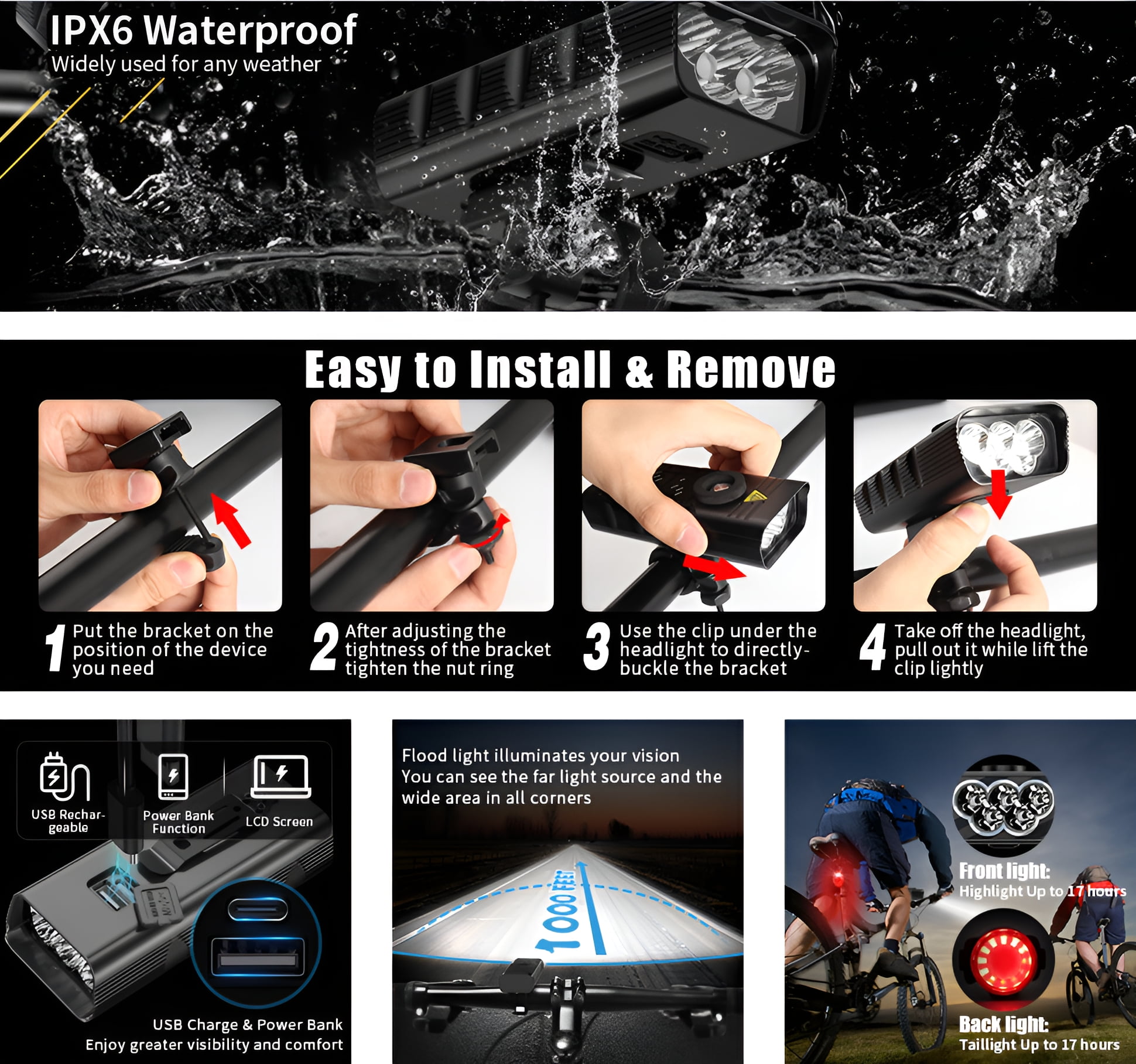 2022 Newest 8000 Lumens Super Bright 3LED Bike Lights Front and Back,Powerful USB Rechargeable Bicycle Headlight-9 Modes Runtime 15+ Hours,Waterproof 2022 Newest 8000 Lumens Super Bright 3LED Bike Lights Front and