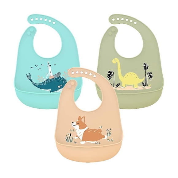 Set of 3 Baby Silicone Bibs Waterproof Silicone Bibs for Feeding with Drip Tray Easy Cleaning Soft Bibs for Toddler Baby Eating