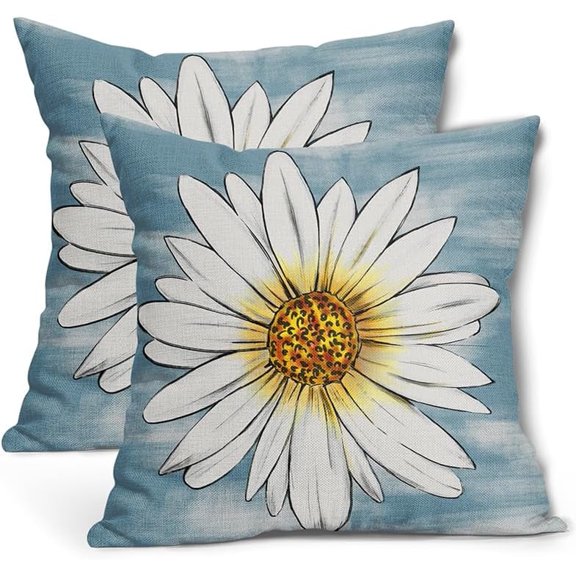 Summer Daisy Floral Pillow Covers 20X20 Inch Set of 2 White Petal Flower Bloom Decorative Pillow Cases Blue Seasonal Cotton Linen Cushion Case Farmhouse Home Decor for Sofa Couch Porch Outdoor