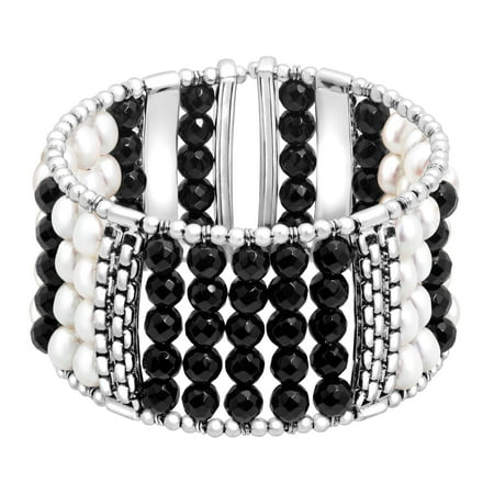 Honora Freshwater Pearl & Onyx Bead Cuff Bracelet in Sterling Silver