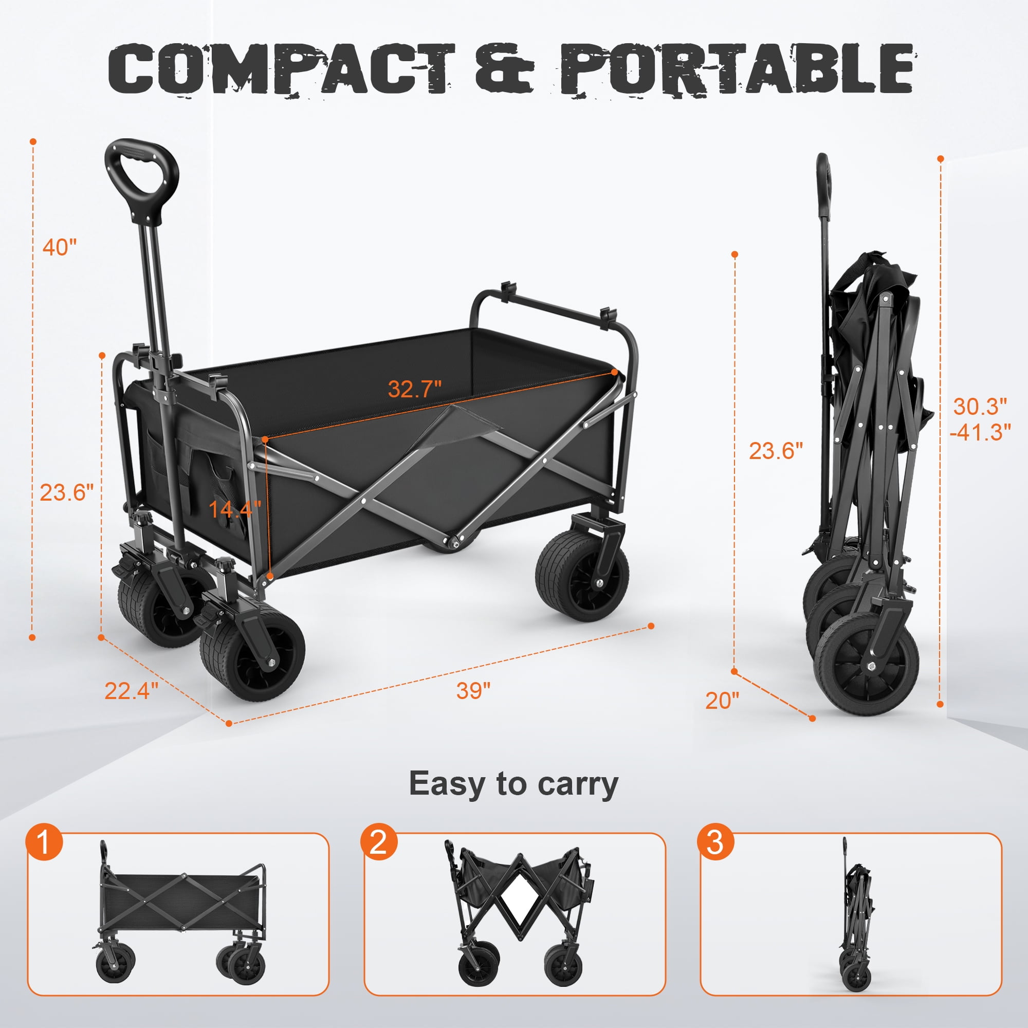 Qunler Large Collapsible Folding Wagon, 560 lbs Heavy Duty Big Bucket Utility Garden Cart with Oversized Tank Wheels for Sports, Shopping, Camping, Kids, Black