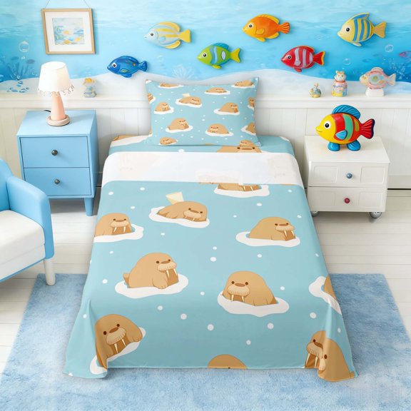 Manfei Cartoon Walrus Twin Sheet Sets for Kids Boys and Girls, Arctic Animal Print Bedding 3pcs, 1 Flat Sheet, 1 Fitted Sheet and 1 Pillowcase