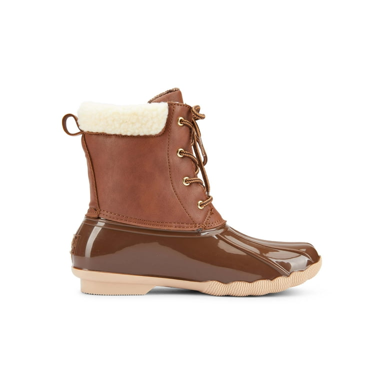 Women Duck Boots Lace up Two Tone Combat Style Calf Rain Boots