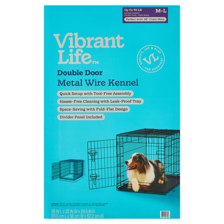 VIBRANT LIFE WIRE DOG CRATE, DOUBLE-DOOR, DIVIDER AND LEAK-PROOF TRAY, METAL, FOLDABLE, DURABLE, BLACK, 36 IN