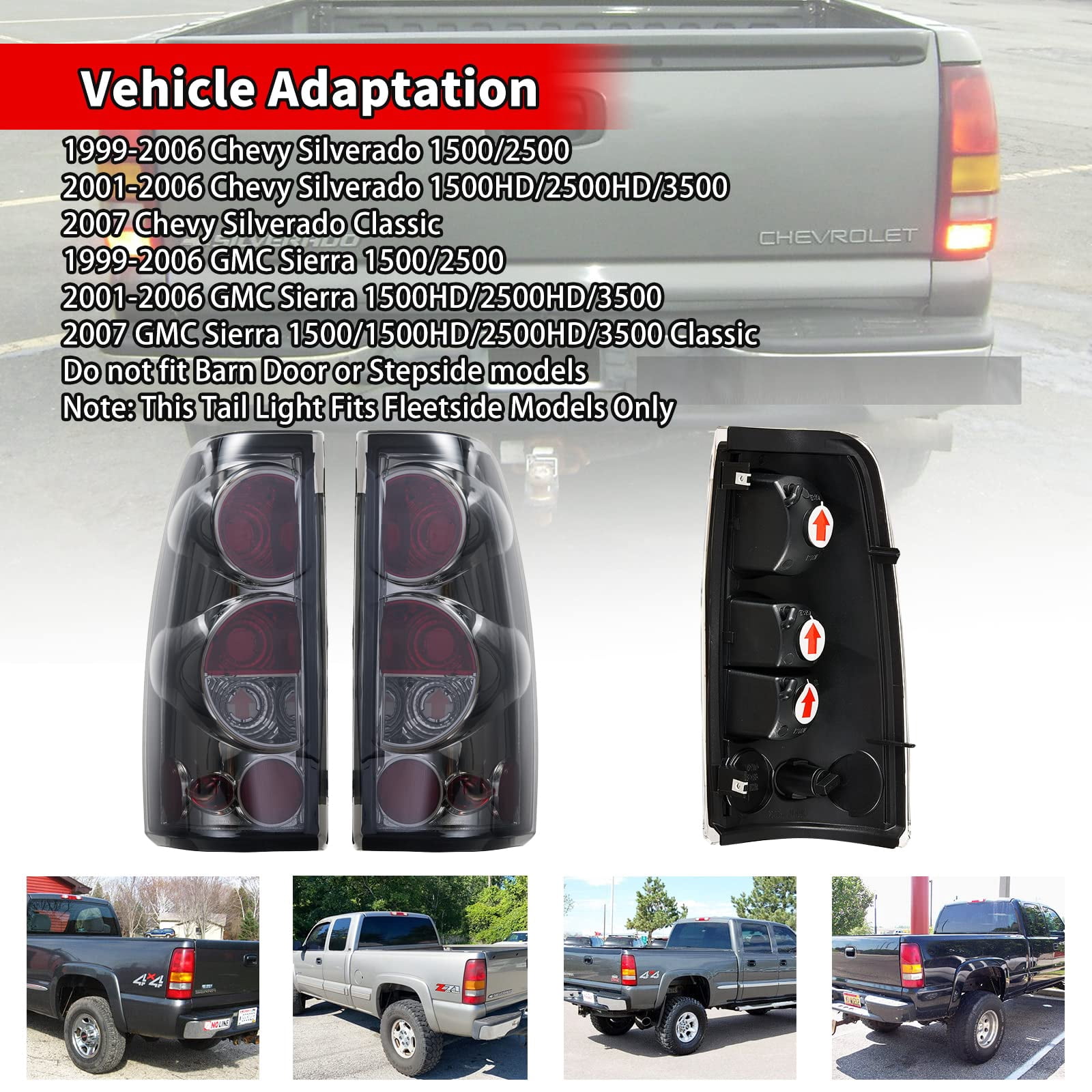 Chrome Tail Lights Rear Lamps Compatible With 1999-2007 Chevy Silverado GMC Sierra 1500 2500 3500 ;Pair;NO Bulbs; Smoke Lens