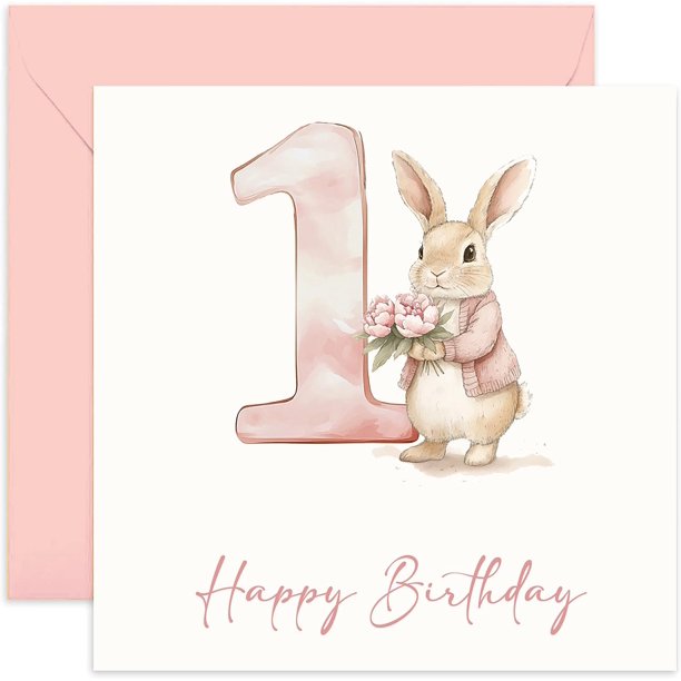 Tarjeta de felicitación para el primer cumpleaños de niña, diseño de conejito rosa