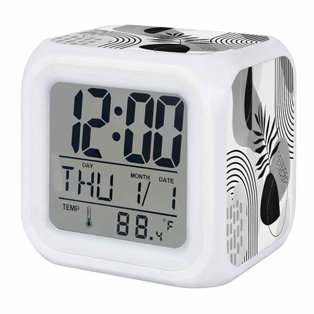 Alarm Clocks Boho Abstract Mid Century Digital Clock 7 Color LED Night Light Silent Non-Ticking Battery Operated Grey Modern Geometric Leaf Cube Clocks for Bedroom Bedside Living Room Office School