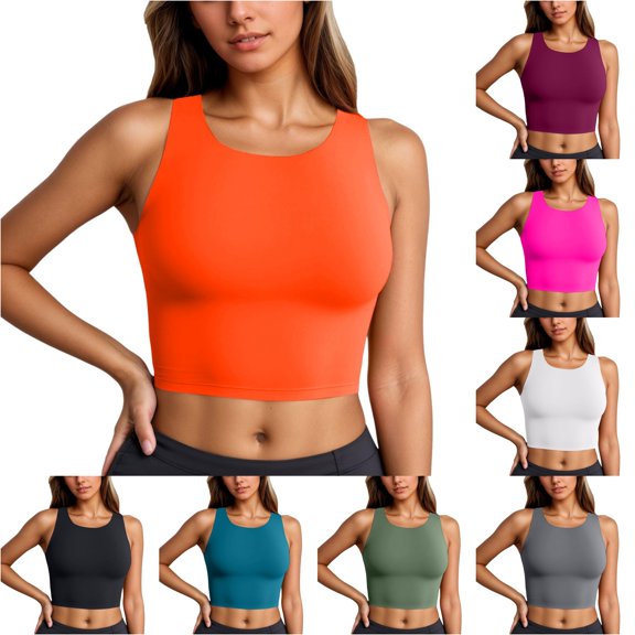 ZHOGXU Women's Bikini Top Full Coverage Solid Color Sleeveless Round Neck Comfortable Swim Top Swimsuit Swimwear For Beach Pool,Orange,S