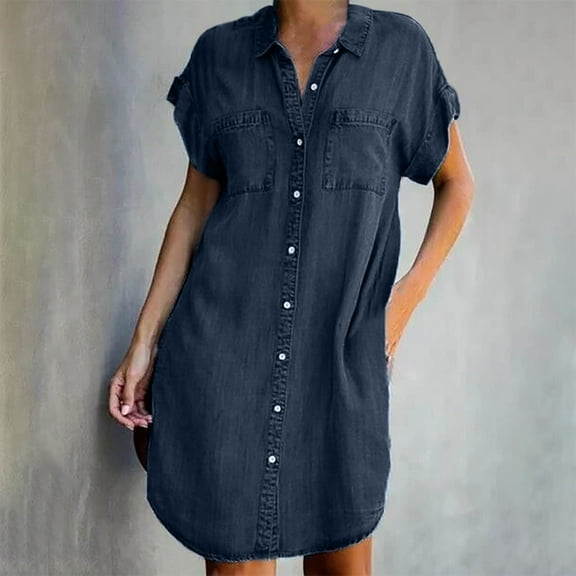 VEKDONE 2024 Clearance Summer Denim Shirt Dresses for Womens Short Sleeve Loose Jean Midi Dress Button Down Casual Shift Dress Tunic Top