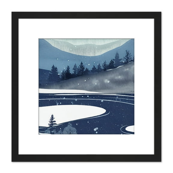 Mountain Pine Forest Winter Wonderland Lake Watercolour Square Wooden Framed Wall Art Print Picture 8X8 Inch