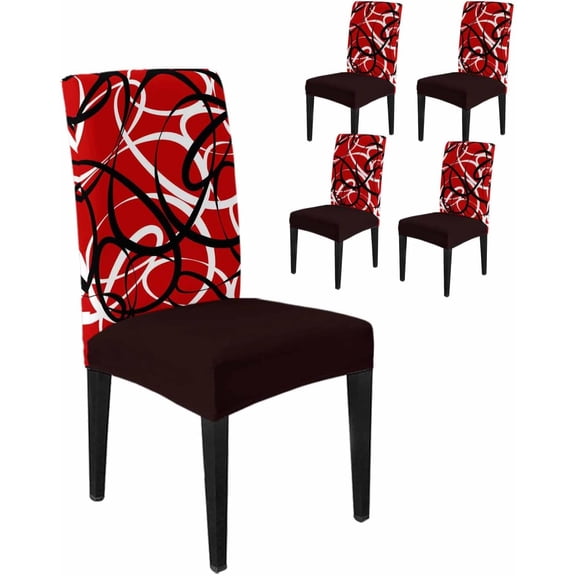 Dining Room Chair Covers Set of 4, Abstract Stripe Black White on Red Stretch Kitchen Chair Cover, Minimalist Geometric Curve Line Removable Washable Chair Slipcovers for Hotel,Home,Party,Banquet