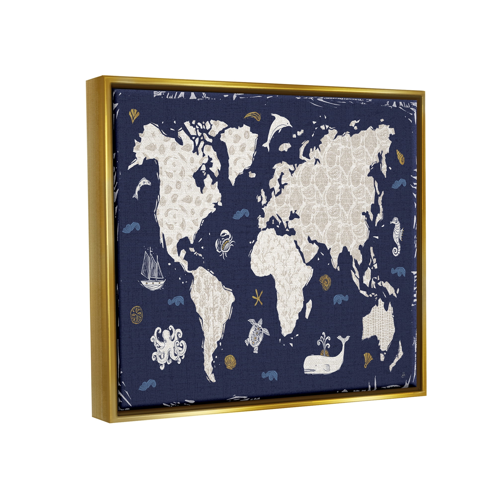 Stupell Industries Blue Patterned World Map Animals & Insects Painting Gold Floater Framed Art Print Wall Art, 31 x 25