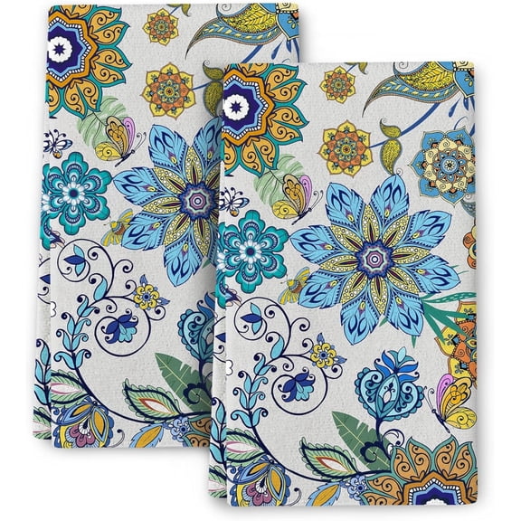 Boho Floral Kitchen Towels Decorative Set of 2, Soft Absorbent Bohemian Dish Towels Tea Towels Hand Towels for Kitchen Drying Cleaning Decorations,Housewarming Gifts for Women, 16x24in