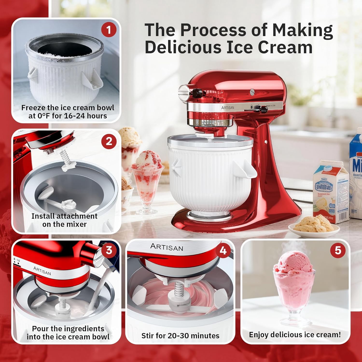 Ice Cream Maker Attachment for KitchenAid Stand Mixer, Ice Cream Bowl Compatible with 4.5Qt and Larger Stand Mixers, Ice Cream & Sorbet Gelato Maker Attachment, 2 Quart, White