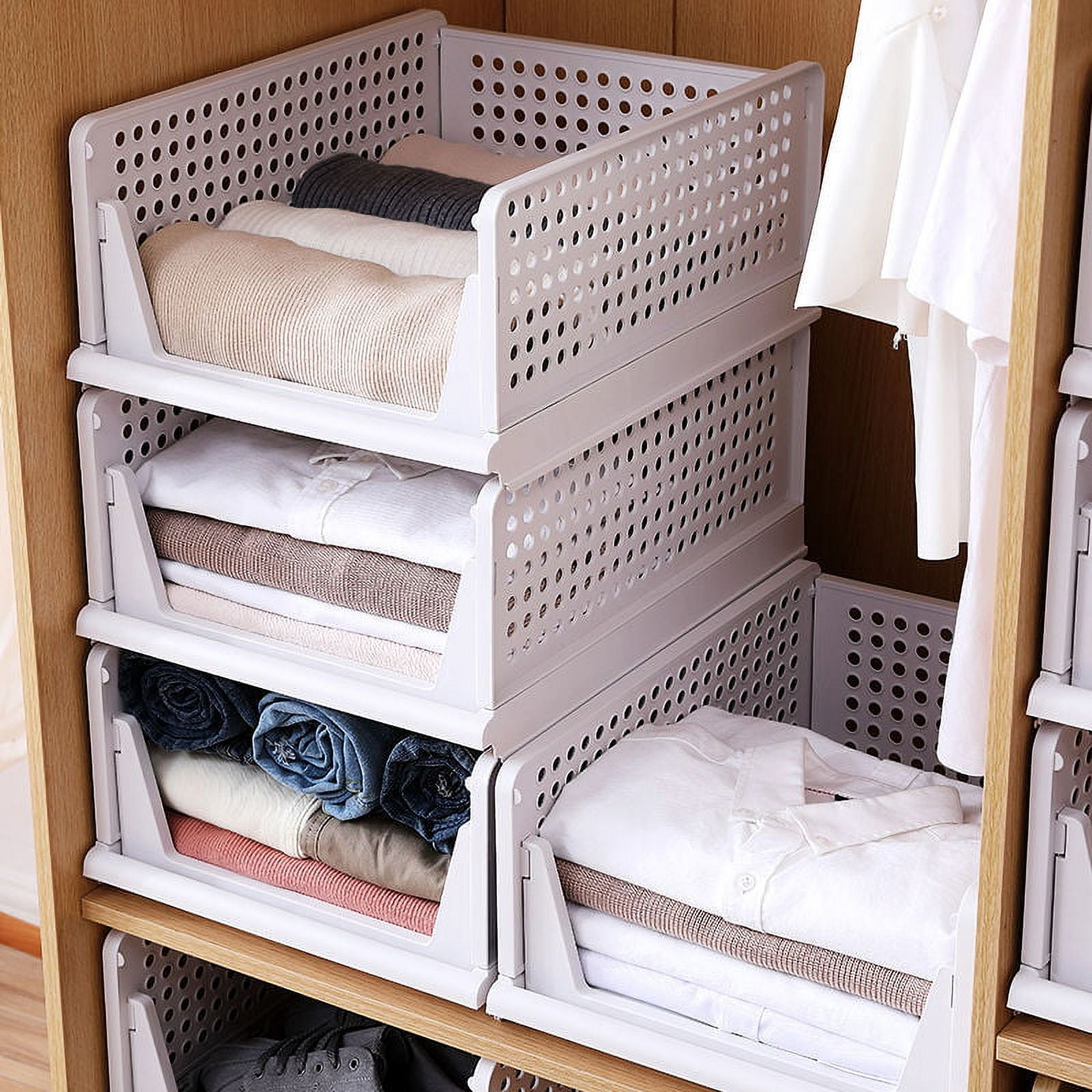 Folding Closet Organizers Storage Box, 4 Count Stackable Storage Basket, Closet Organizers and Storage Drawer Shelf Storage,for Wardrobe Cupboard Kitchen Bathroom Office, 4L