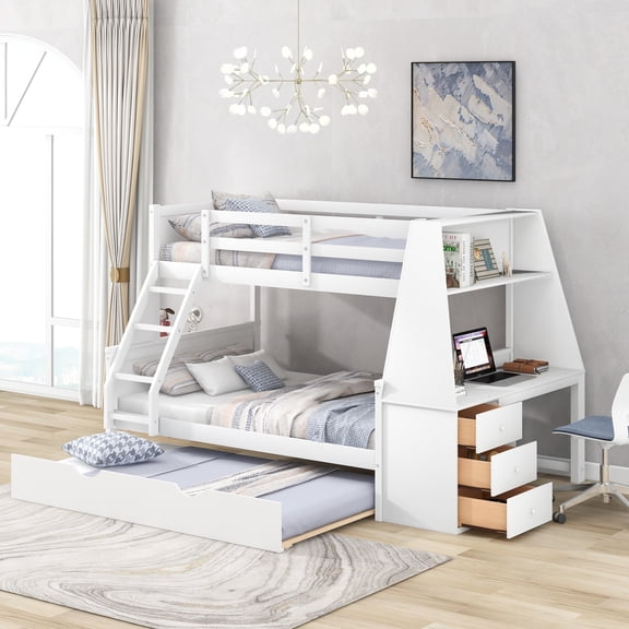 "Luckynote Twin over Full Bunk Bed with Trundle and Built-in Desk, Three Storage Drawers and Shelf,White "