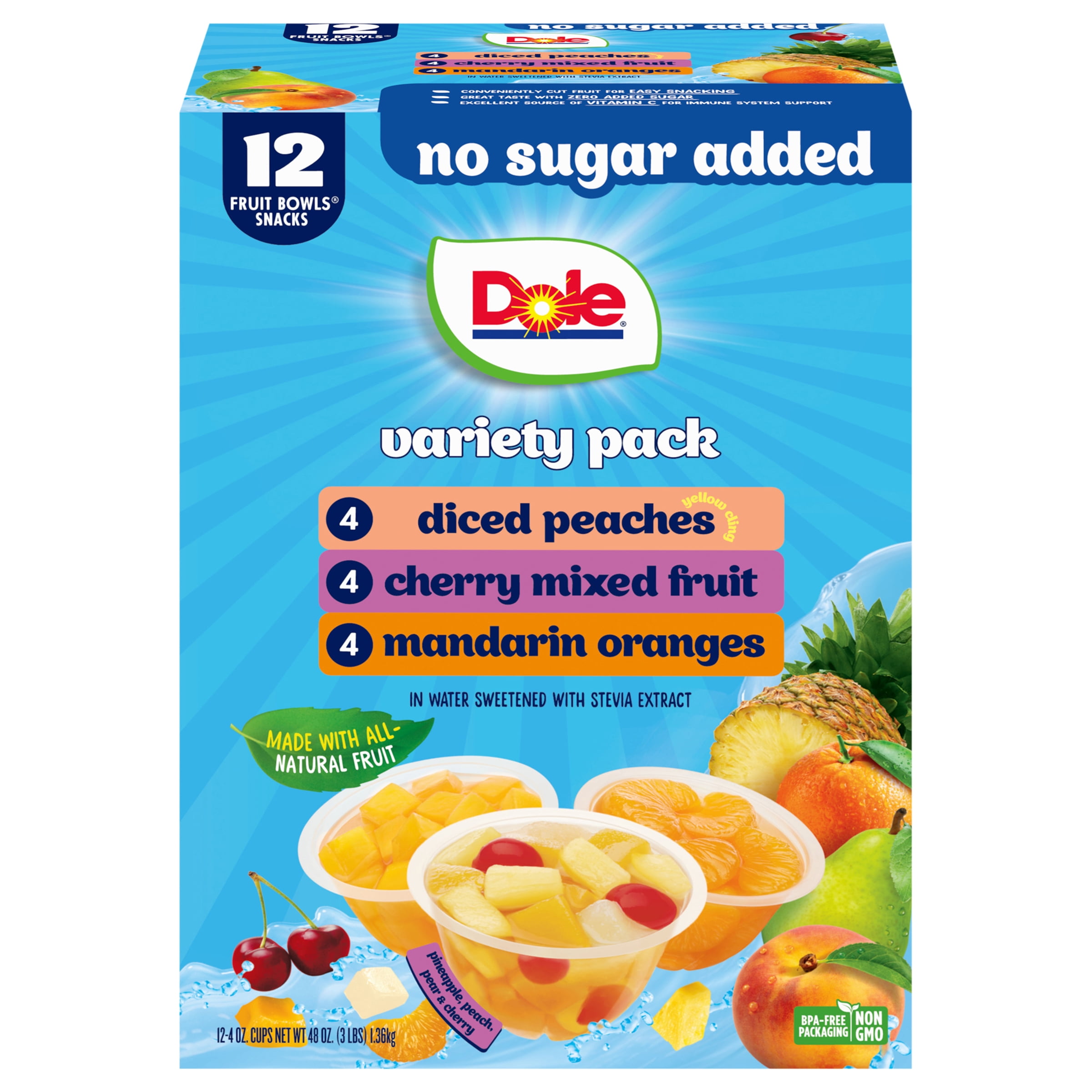 Dole, Fruit Bowls No Sugar Added Variety Pack, 12 Pack, 4 oz Cups