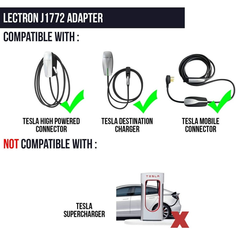 Lectron - Tesla to J1772 Adapter, Max 40A & 250V - Compatible with Tesla  High Powered Connector, Destination Charger, Electric Vehicle Charger  (White) 