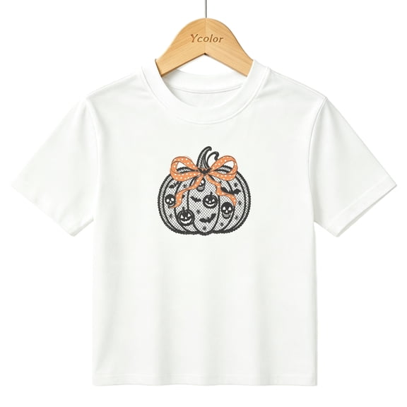 Girls Graphic T-Shirt Black Lace Pumpkin Floral Bow Halloween Kids Tees 100% Cotton Tops Ages 4-13Y