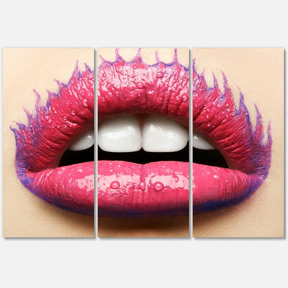 Designart ' Beautiful Woman Lips With Pink Lipstick ' Modern Canvas Wall Art Print
