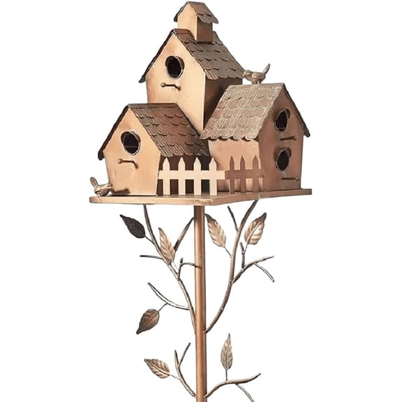 Metal Birdhouse with Garden Pole and Decorative Leaves, Outdoor Bird House for Yard Display