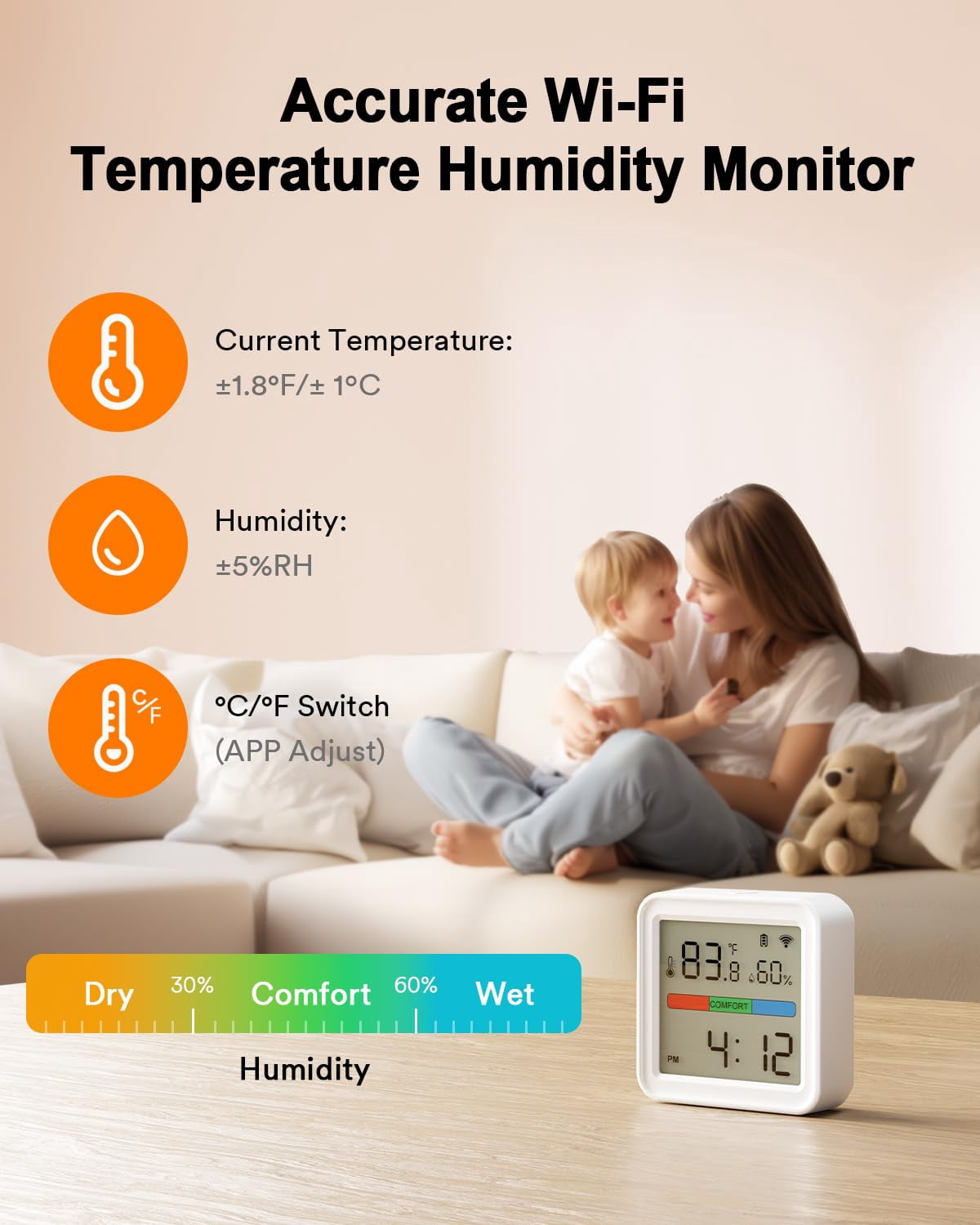 Lumary Smart Thermometer Hygrometer WiFi Bluetooth App Alert Led Display Digital Indoor Sensor 2.17 Inch 1 Pack