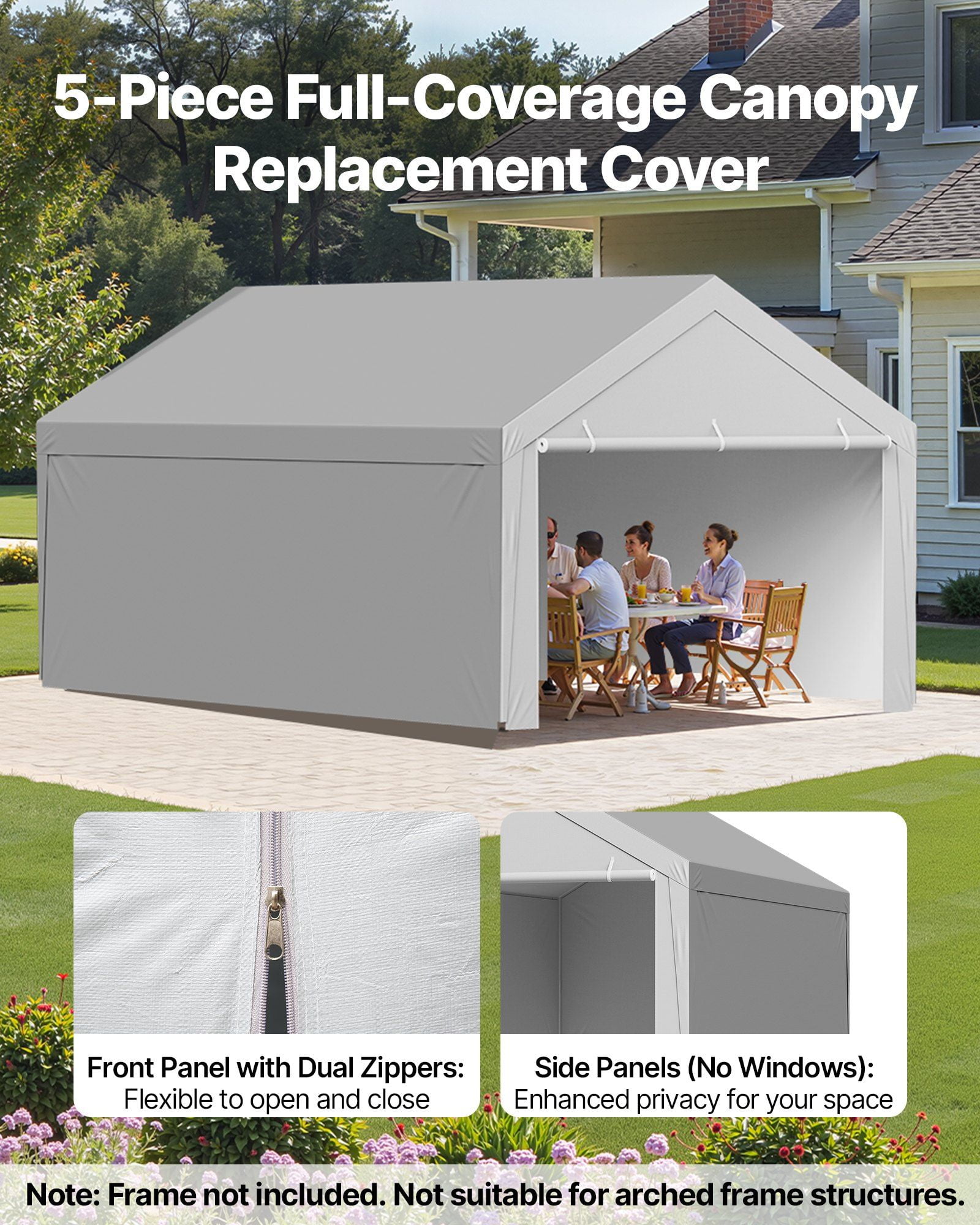 13x20ft Heavy Duty Portable Carport Canopy Replacement Tent UV Waterproof Gray Frameless with Sidewalls Ball Support