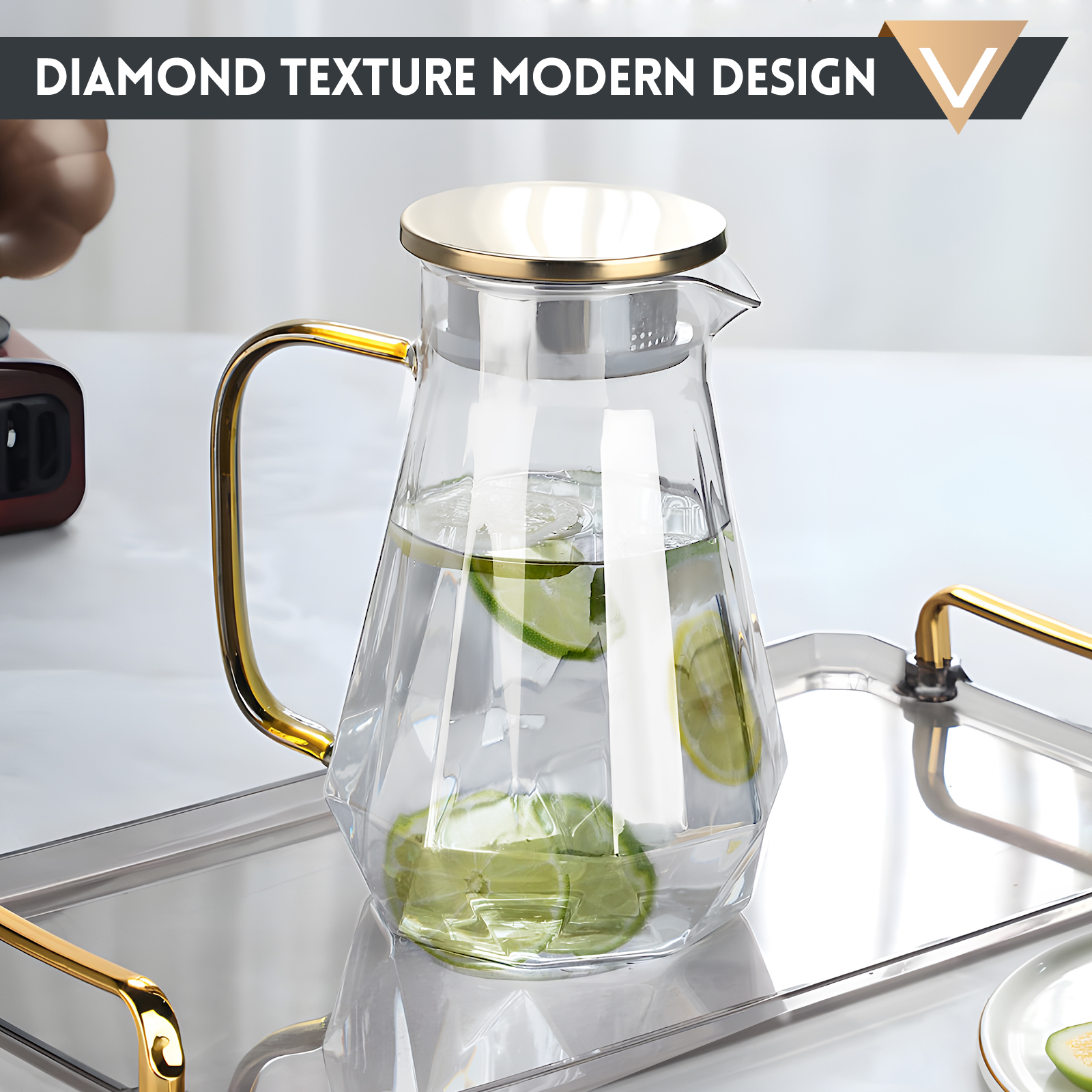2000ml BPA-Free Water Pitcher with Gold Diamond Pattern Lid, Lead-Free Plastic Water Dispenser Safe for Dishwasher, Temperature Resistant from -4°F to 302°F (Clear)