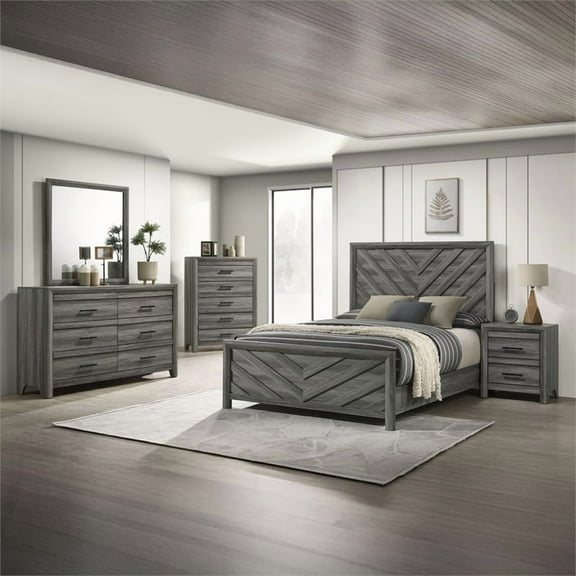 Denver Modern Style 5PC Queen Size Bedroom Set Made With Wood in Gray Colour