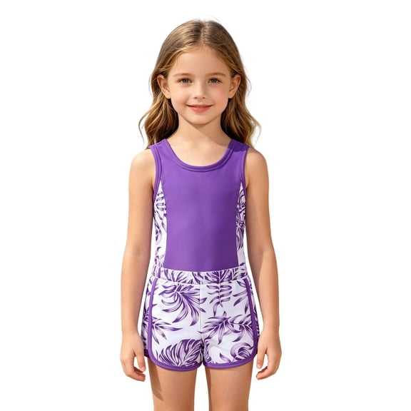 Weebloom Toddler Swimsuit Girl One Piece Floral Print Two Piece Ruffle Tankini Top Bikini Bottom Summer Beach Pool Bathing Suit Swimwear Purple Size 1-2 Years