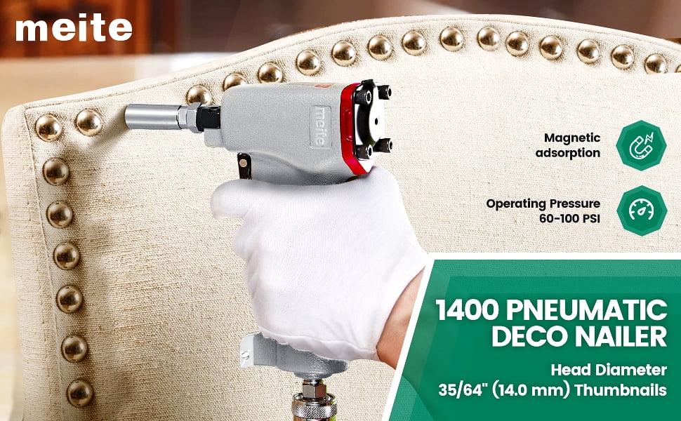 MEITE Pneumatic Deco Nailer 35/64" Head Diameter Air Upholstery Tacks Nail Guns for Upholstered Furniture
