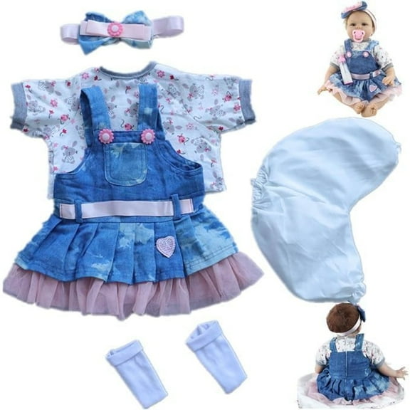 Reborn Baby Dolls Clothes for 17-22 inch Baby Doll Girl Outfits Accesories 【Denim Skirt 5pcs Set 】