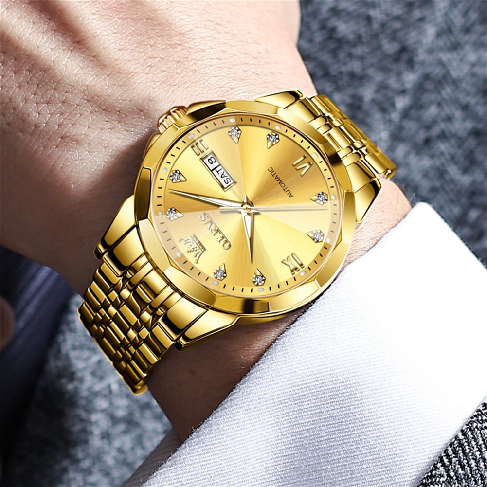 OLEVS Automatic Watches for Men Self Winding Mechanical Luxury Dress Stainless Steel Two Tone Strap Diamond Waterproof Luminous Date Mens Wrist Watches Reloj Para Hombre Black/Blue/Gold/White