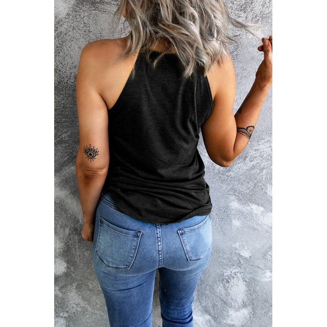 ABPHQTO Camiseta sin mangas negra con cuello redondo y estampado de flores de cerezo para mujer
