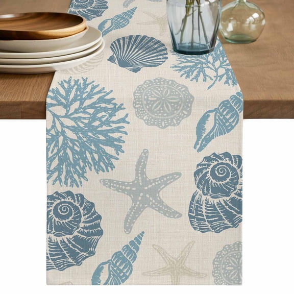 Blue Coastal Table Runner 72 Inches, Shell Starfish Coral Nautical Summer Beach Rustic Bed Runner Dresser Scarves Tabletop for Indoor Outdoor Parties/Ceremony/Banquet, 16" x 72"