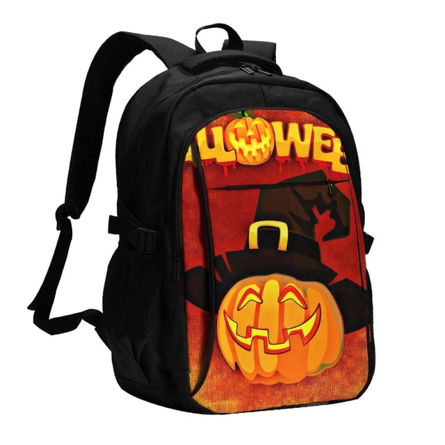 Balery Halloween Pumpkin Mochila con carga USB para hombre y mujer - Mochila impermeable y antirrobo para laptop con puerto USB para viajes, trabajo