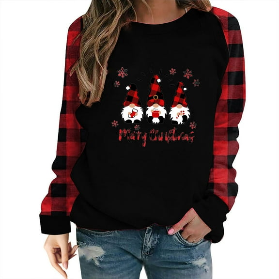 Christmas Graphic Tee Shirt for Women Plaid Long Sleeve Crewneck T-Shirt Merry Christmas Print Holiday Gift Tops