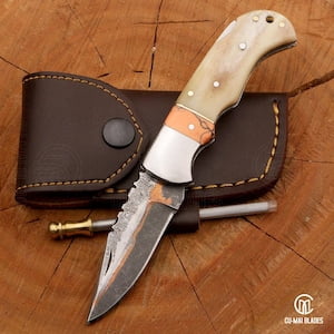 Handmade Copper Damascus Folding Knife: Camel Bone Handle Leather Sheath
