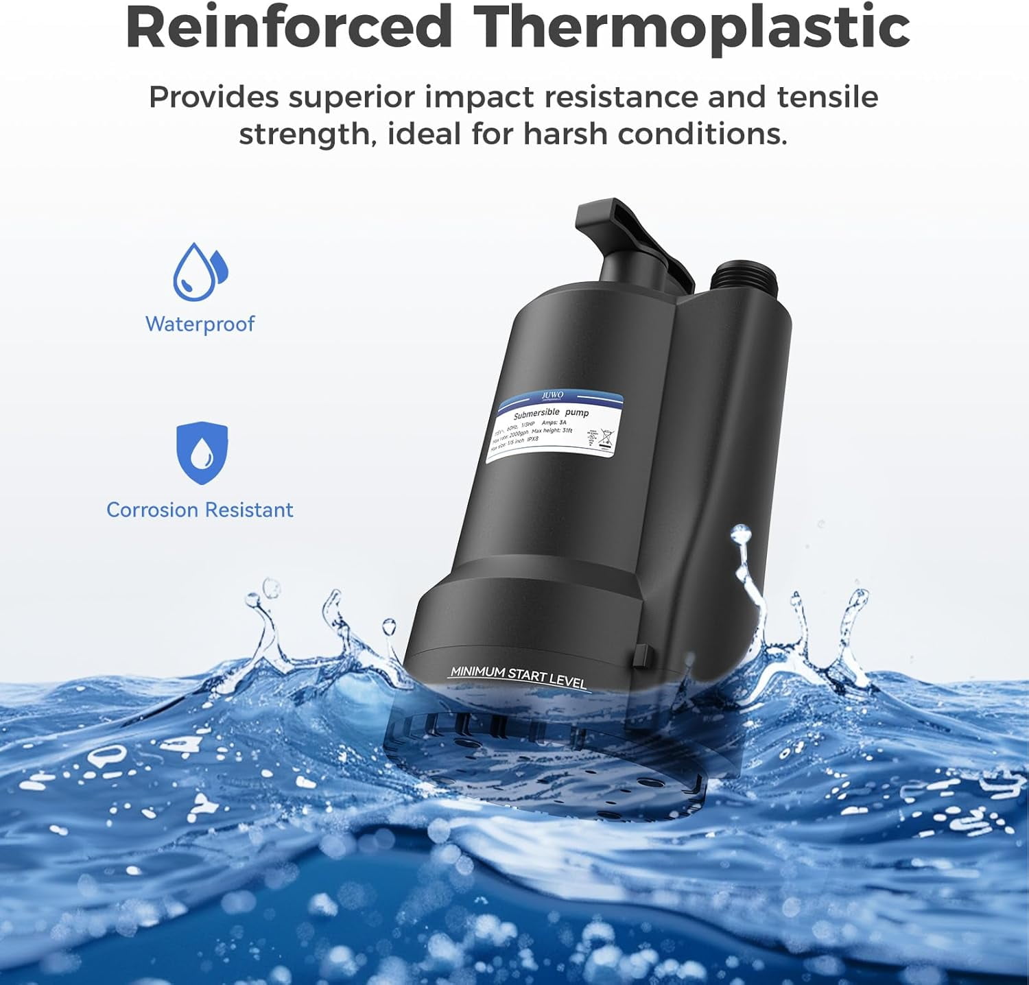 JUWO Submersible Water Pump 1/4 HP, 1800GPH Portable Utility Pump with 10ft Cord, Thermoplastic Electric Small Sump Pump for Draining Swimming Pools, Garden Ponds