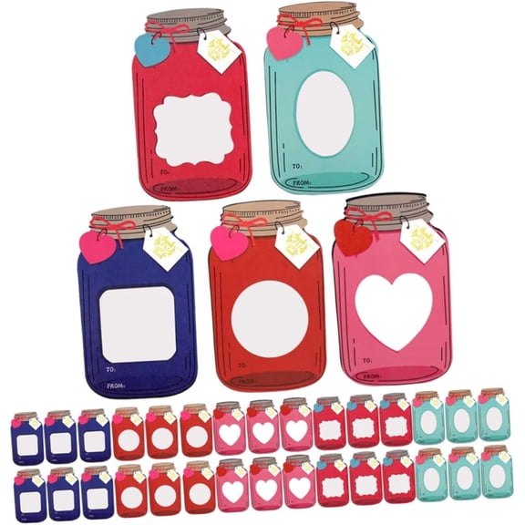 50 Set Valentine's Day Mason Jar Bows Cards Kit with Clear Treat Bags & Adhesive Strips, DIY Goodie Bags, Funny ,Party Favors Supplies, Gift Exchange, Holidays Prizes (Candy Not Included)