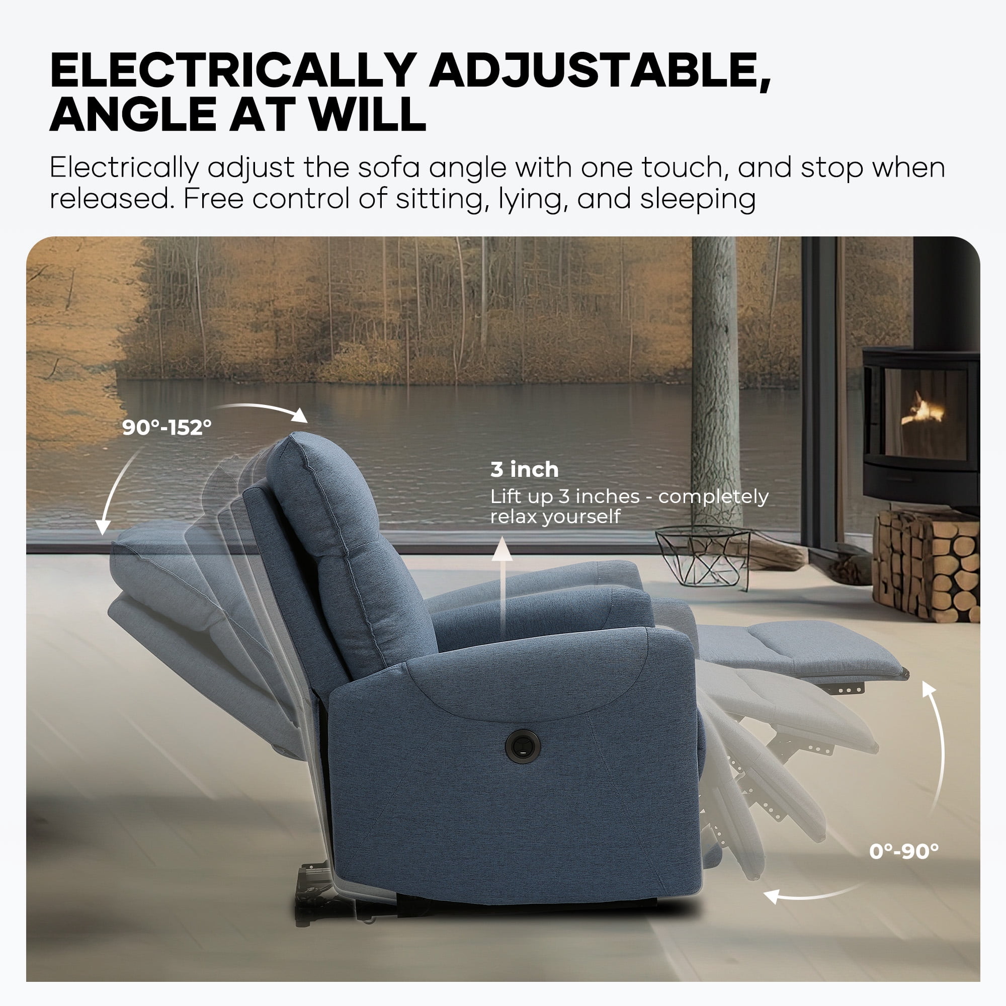 MARNUR Electric Recliner Chair with USB Charge Port, Weight Capacity 360lb, One Button Free Control Angle, Fluffy Plush Backrest, Linen, Blue